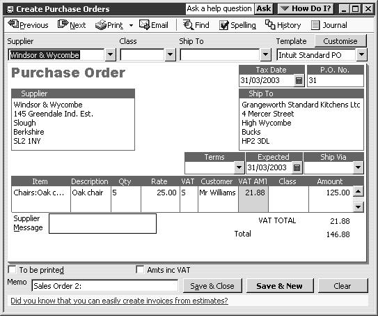 Using price levels, sales orders and estimates 4 Click Create purchase order for all allowed items, then click OK.