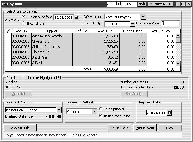 Using multiple currencies To pay a foreign bill: 1 From the Suppliers menu, select Pay Bills to display the Pay Bills window: 2 In the A/P Account field, select European A/P from the drop-down list.