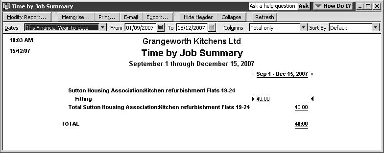 Tracking time and mileage To create a Time by Job report: From the Reports menu, choose Jobs, Time & Mileage, then Time by Job Summary.