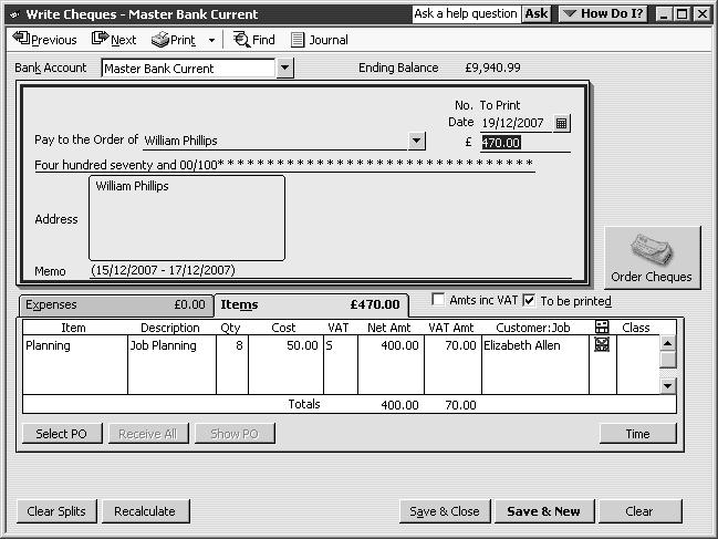 L E S S O N 1 6 QuickBooks prefills the Items tab of the cheque with the time data, including hours worked and rate.