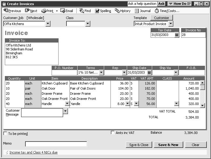Using advanced stock features 20 Oak Drawer Front 40 Handle Your invoice should look like this: 5 Click Save & Close. QuickBooks updates the stock on hand quantities.