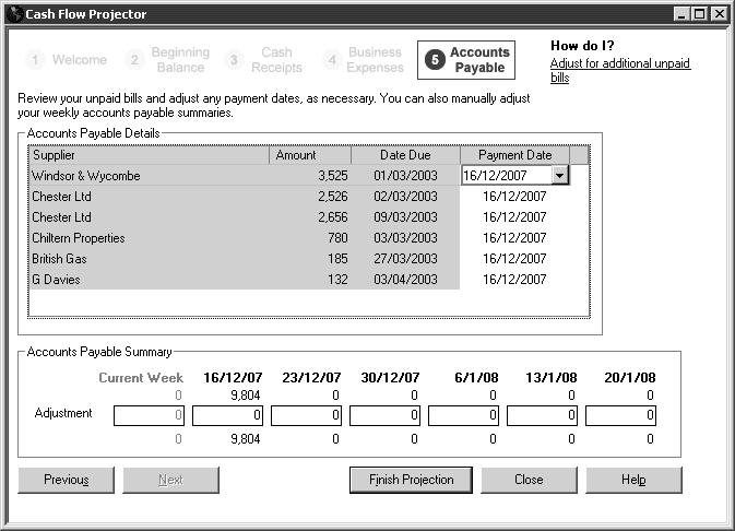 The Cash Flow Projector displays the Accounts Payable page.