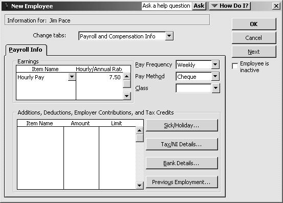 Setting up QuickBooks 2 Change tabs by selecting Payroll and Compensation Info, and fill in the Payroll Info form as shown below: 3 Click the Tax/NI Details button, then enter the tax code 438L and