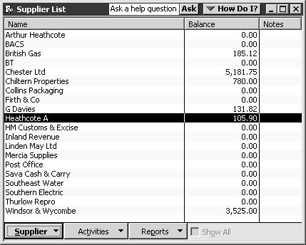Working with lists To merge items on a list: 1 From the Suppliers menu, choose Supplier List. QuickBooks displays the Supplier list. 2 Select Heathcote A.