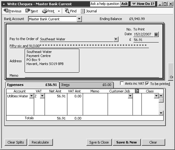 Working with bank and credit card accounts 6 Click in the Account column on the Expenses tab, and then choose Utilities:Water from the drop-down list.