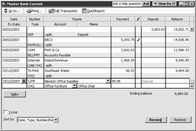 95, and then press Tab. 9 In the Account field, type Of, and then press Tab. QuickBooks fills in Office Furniture.