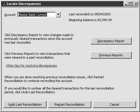 L E S S O N 4 Locating reconciliation discrepancies In addition to the summary and detail reports (which you can view as PDF files), there is an additional report option: the Reconcile Discrepancy