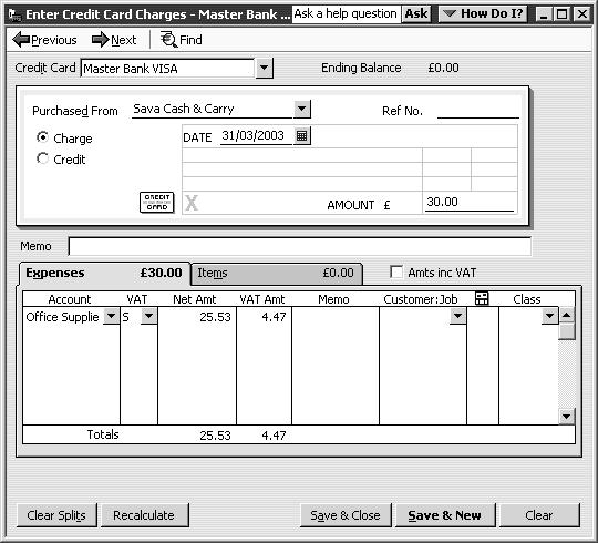 Working with bank and credit card accounts 7 In the Account field, select the Office Supplies account, as shown below: 8 Click Save & Close to record the transaction and close the window.