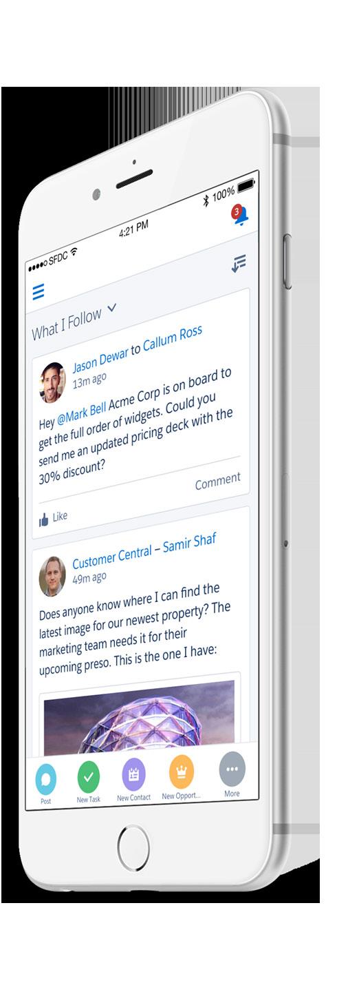 You see a personalized feed of posts, news items, files uploaded by your team, and real-time updates on opportunities, contacts, and accounts.