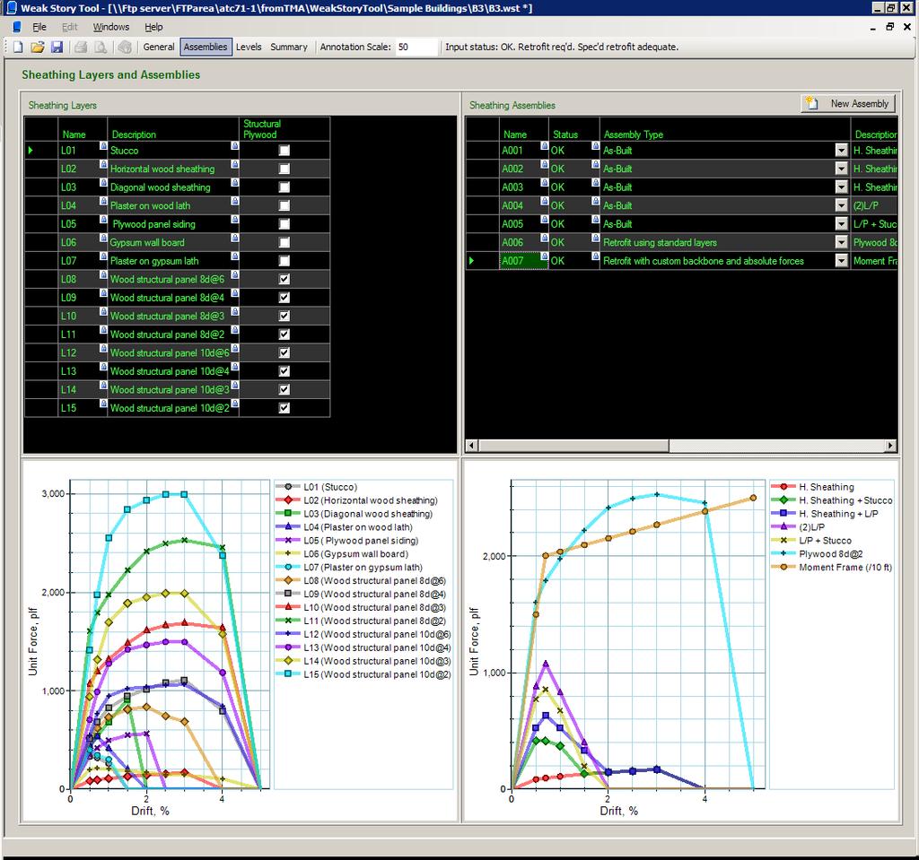 Figure A-6 Screenshot of Assemblies control. On the top right is the table of sheathing assemblies. The user may create a new assembly by clicking the New Assembly button (Figures A-6 and A-7).