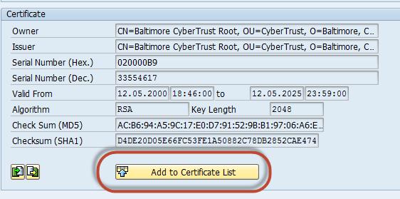 5. Add the imported certificate into the certificate list clicking in