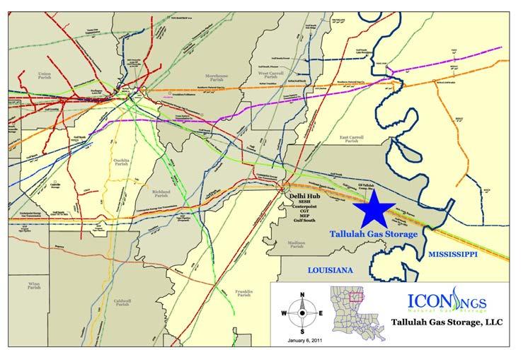 Tallulah Gas Storage Project Design Location East of Delhi Hub Domal salt cavern storage with 24+ Bcf working gas capacity (3 caverns of just over 8 Bcf each) FERC 7(c) Authorization issued March 18,