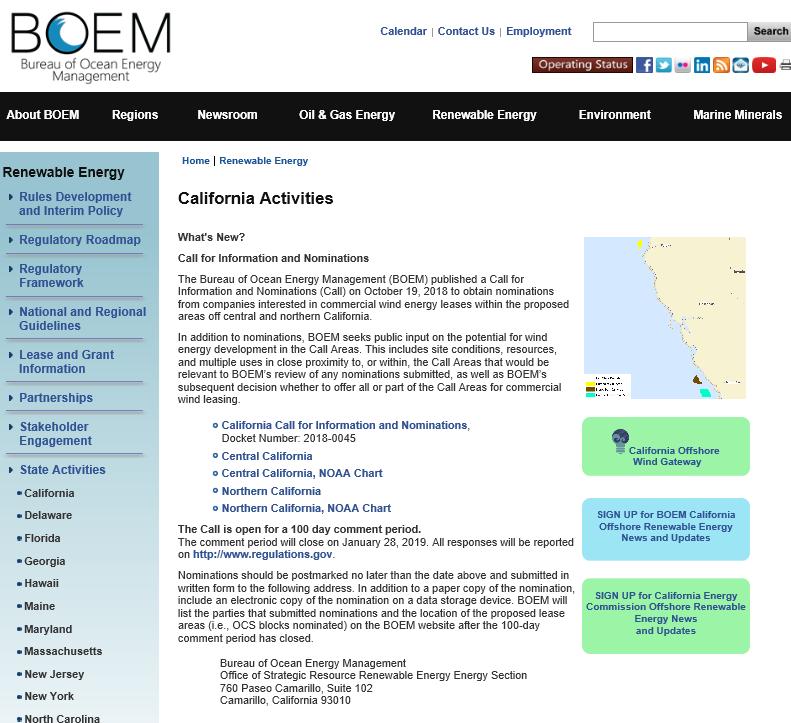 What s Happening In California? BOEM has organized a State Task Force for planning development https://www.boem.