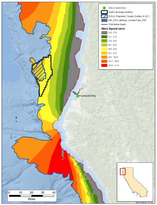 Northern California 2018: Redwood Coast Energy Authority submitted an unsolicited lease application for a site off of Humboldt Bay 120-150 MW (5-15 turbines) Strong winds for energy