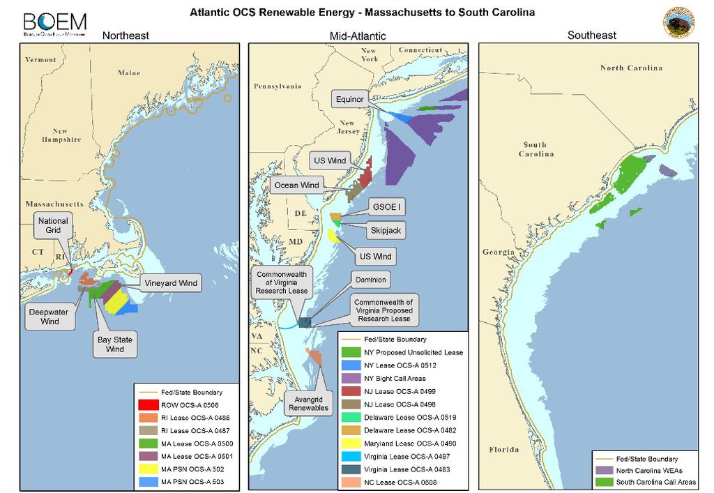 US East Coast OWF Developments Lease developments underway from Massachusetts to North Carolina: MA