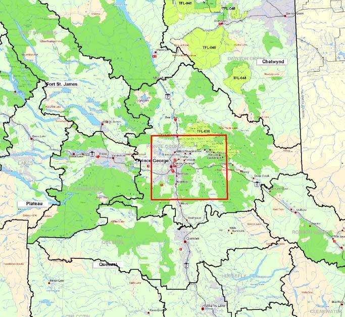 Through consultation with Canadian Forest Products Ltd. and analysis of the British Columbia BioGeoClimatic (BEC) coverage - an AOI was selected. The red box in Figure 1 illustrates the project AOI.