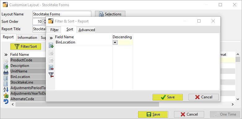 3 Make any changes, for example, you may wish to sort by Bin Location. 4 Click Save (F9) to add the Stocktake Forms to the menu.