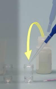 Using the same tip, transfer 100 µl of the well mixed diluted sample extract from the dilution/first vial into the reaction/second vial containing the DB2 Buffer, and mix well by stirring or drawing