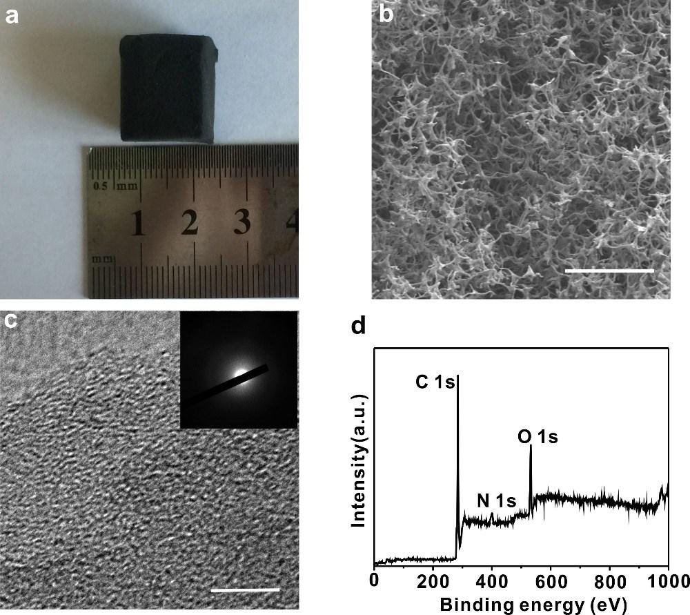 Fig. S3 (a) Digital image and (b) SEM image of blank sample nitrogen-doped carbon (NC)
