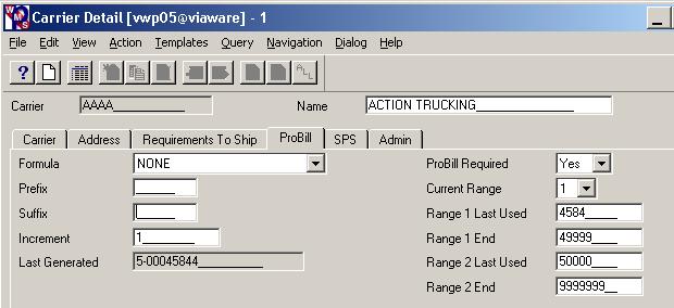 Viaware Auto Probill Generation Setup 1. In Viaware, select Configuration. 2. Select Transport. 3. Select Carrier. 4. Select Action. 5. Select Modify. 6. Click the Probill tab.