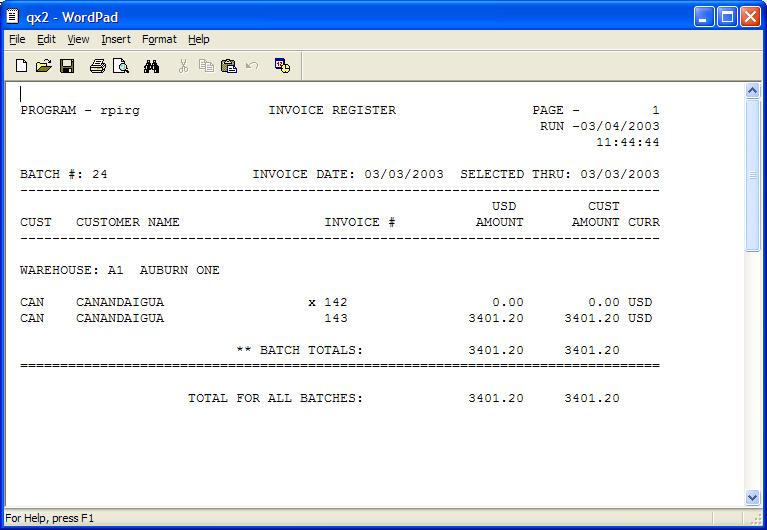 Print Options screen displays for the Invoice Register. 2.