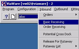 Basic Receiving Material Into Viaware 1. In WMS, Select Inbound. 2. Select Basic Receiving. 3. Enter the Receiving Location. 4. Enter the Part. 5. Enter the Account Code. 6. Enter the Quantity.