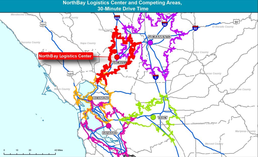 Regional Map NorthBay Logistics Center and Competing Areas, 30-Minute Drive Time
