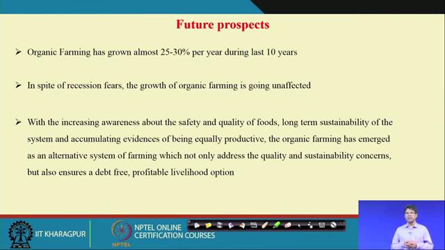 (Refer Slide Time: 14:38) If you see the future prospects; as you seen here as organic farming as grown almost 25 to 30 percent per year during the past 10 years so, in spite of recession fears, the