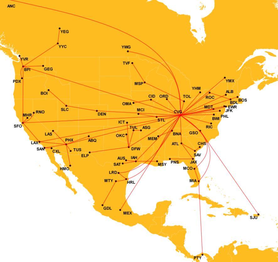 CVG NETWORK CVG Hub Operates 40 Daily Network Flights 30 flights to US cities including DHL Gateways in: JFK MIA SFO LAX 10 direct International flights servicing: