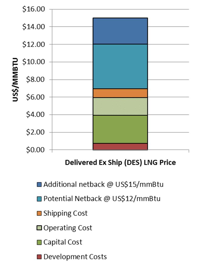 Pandora FLNG has potential to be a high margin LNG project: Acquired as an existing discovery therefore minimal sunk costs to recover Field development requires max 4 shallow wells with dry