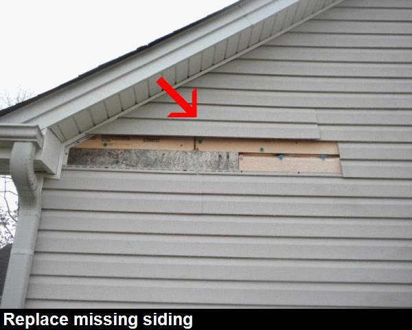 Missing vinyl siding was noted at the right side above the power