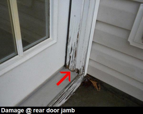 TRIM: Wood, Vinyl. Damage noted in the following location(s): rear entry door jambs. Condition(s) should be repaired/replaced as necessary by a qualified general contractor.