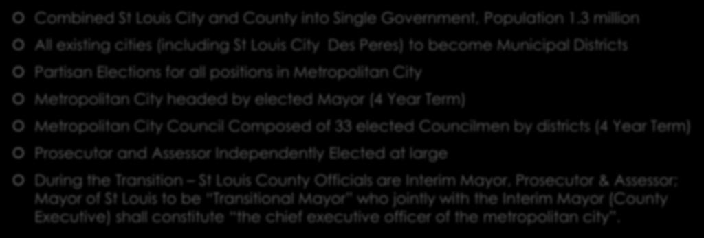 Metropolitan City of St Louis Combined St Louis City and County into Single Government, Population 1.