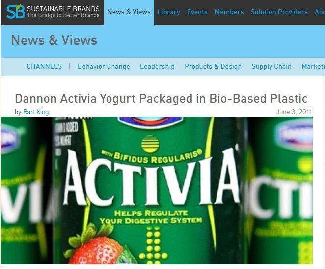 French food company Danone (Dannon in the US) has switched to bio-based plastic packaging for its Activia brand yogurt in Germany.