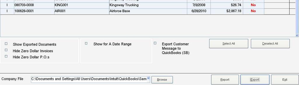 and Purchase Orders. To export Invoice transactions, select the Documents option from the Export Menu screen.