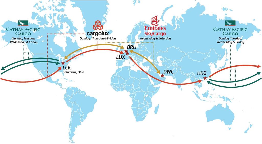 Rickenbacker is connected to the world through premier air cargo hubs in Europe (Luxembourg), Asia (Hong Kong) and the Middle East (Dubai) + Thursday as of May 5th A total of 10 weekly international