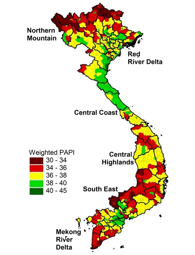 Urban rural governance differences PROVINCES DISTRICTS Relatively clear spatial pattern: The Northern Mountain and Highlands regions have lower PAPI scores, meaning lower citizens satisfaction with