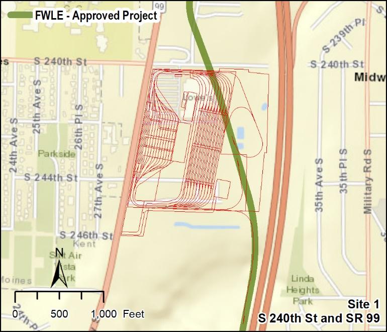 3.0 Results of Alternatives Evaluation Site 1 S 240th St and SR 99 The site is located in the city of Kent, south of S 240th Street and east of State Route (SR) 99.