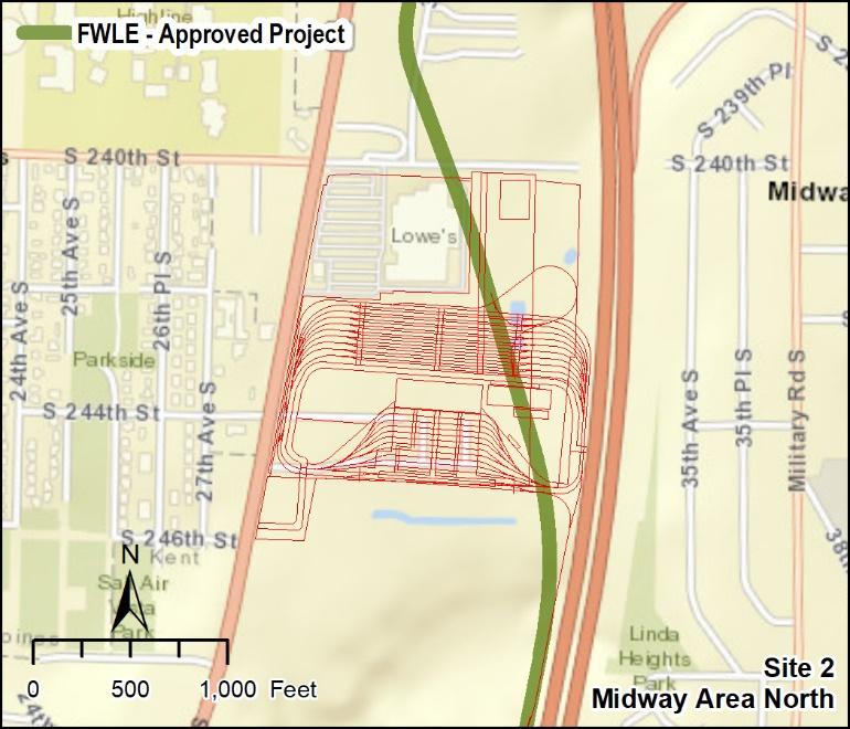 3.0 Results of Alternatives Evaluation Site 2 Midway Area North The site is located in the city of Kent and is immediately south of the Kent Lowe s, east of SR 99, and west of I-5.