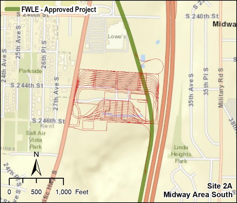 3.0 Results of Alternatives Evaluation Site 2A Midway Area South The site is located in the city of Kent and is south of the Kent Lowe s, east of SR 99 and west of I-5 (slightly south of Site 2).