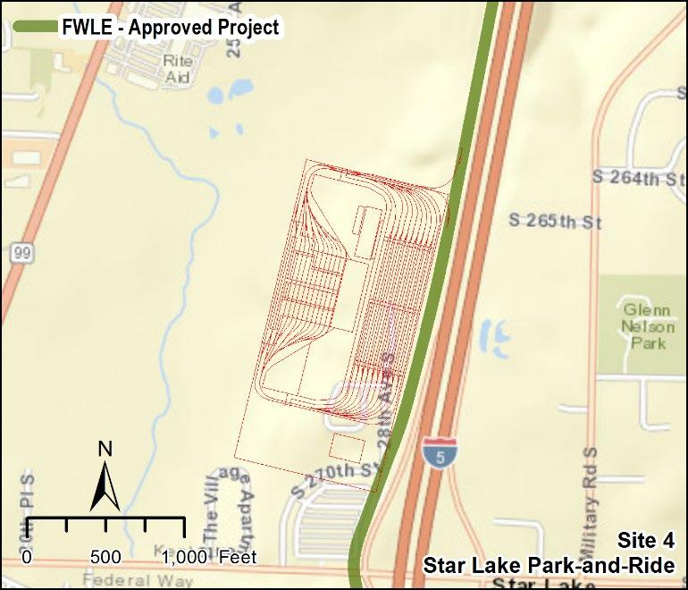 3.0 Results of Alternatives Evaluation Site 4 Star Lake Park-and-Ride The site is located in the city of Kent north of the Star Lake Park-and-Ride and west of I-5.