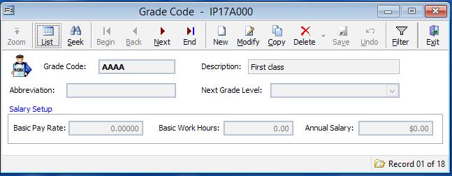 Grades are used to identify an employee s rank in an organization. To create, modify or delete a grade code, go to option 1-7-A: File Maintenance->System Codes-> Grade Codes.