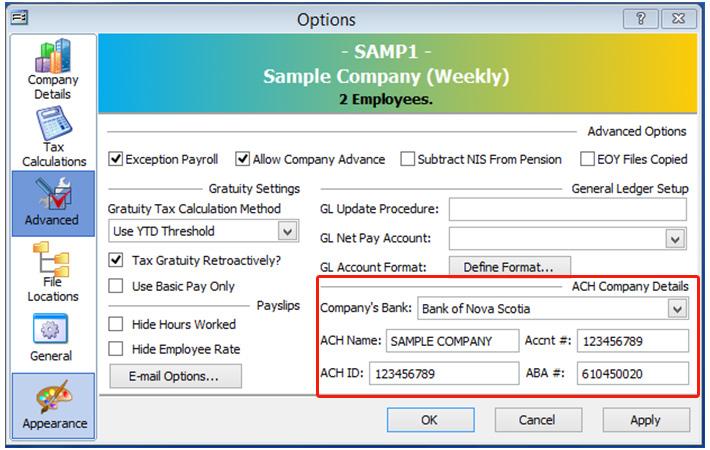 To set up your company s ACH details in IPS, go to Tools (7) -> Options -> Advanced.