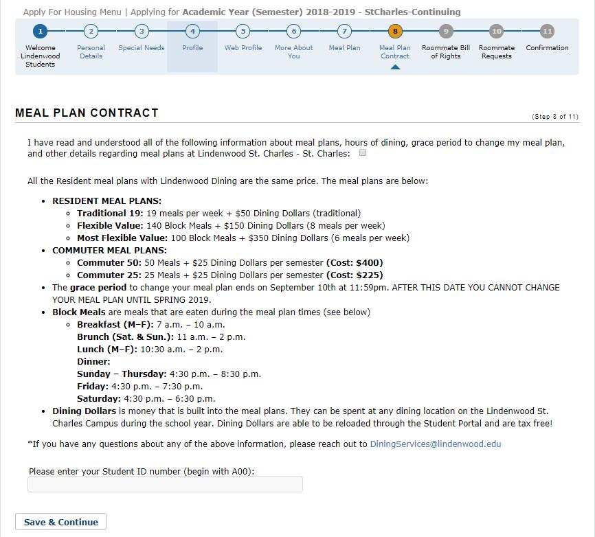 Once you have read and understood the Meal Plan Contract, you will need to check the box at the