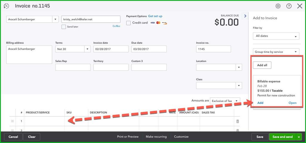 After enabling the feature, you can add expenses to customers and make them billable. To do this open any expense transaction including purchase orders, expenses, cheques and bills. 1.