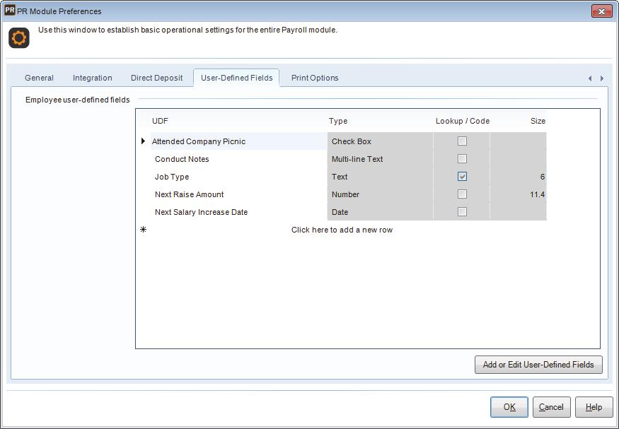 Figure 7: PR Module Preferences window, User-Defined Fields tab 5 On the User-Defined Fields tab of Module Preferences, you can use the Lookup in the UDF column to select which UDFs you want to