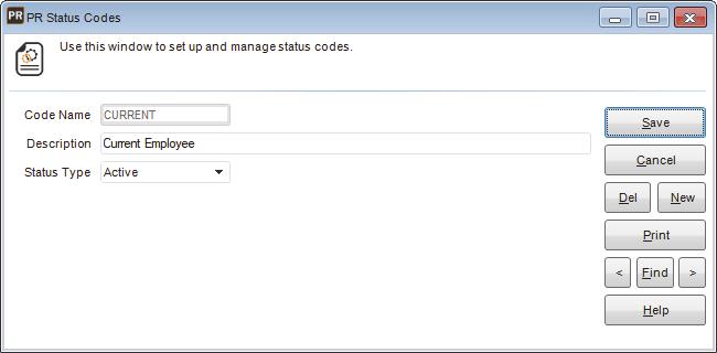 Figure 15: PR Status Codes window 2 Enter a unique Code of up to ten characters and a meaningful description. 3 From the drop-down, select the status type for this Code.