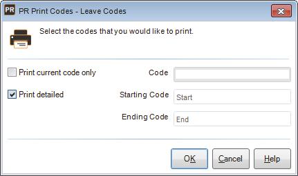 Figure 16: PR Print Codes window 3 Select the Print Current Code Only check box to print a report for a single code. If the check box is not checked, you can select a range of codes to print.