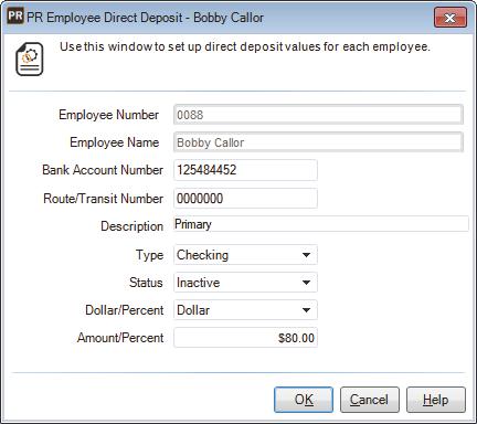 Figure 29: PR Employee Direct Deposit window 5 In the PR Employee Direct Deposit window, enter the bank information and the amount/percent for this deposit.