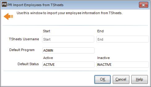 Figure 38: PR Import Employees from TSheets 3 Type in the range of TSheets Usernames you want to import. These become Employee Numbers in Denali.